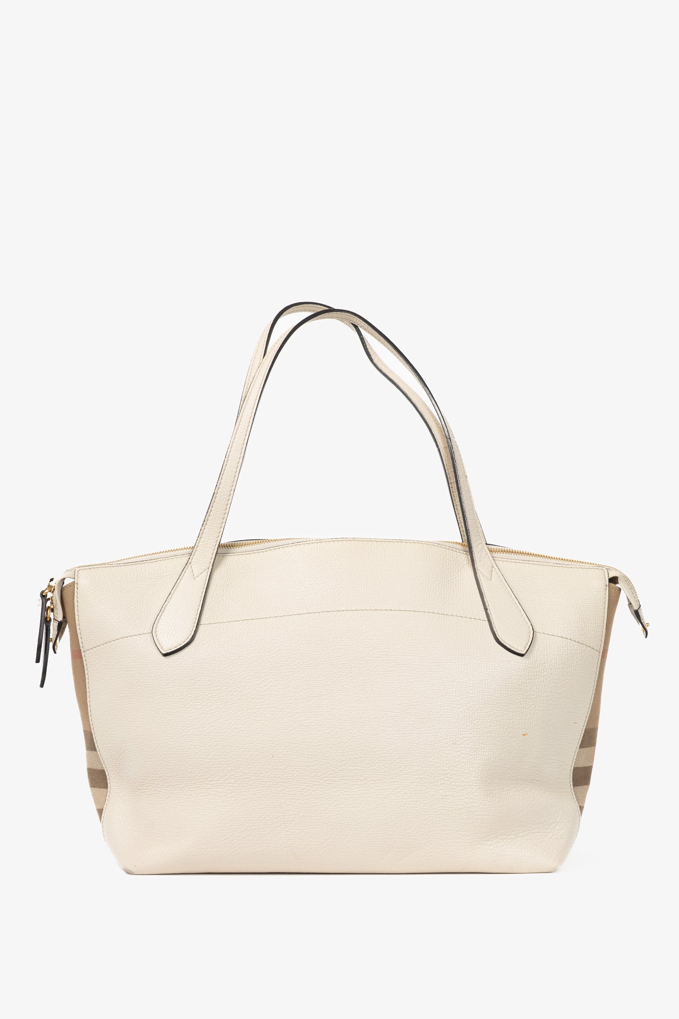 Burberry Welburn Cream Leather Check-Trim Tote