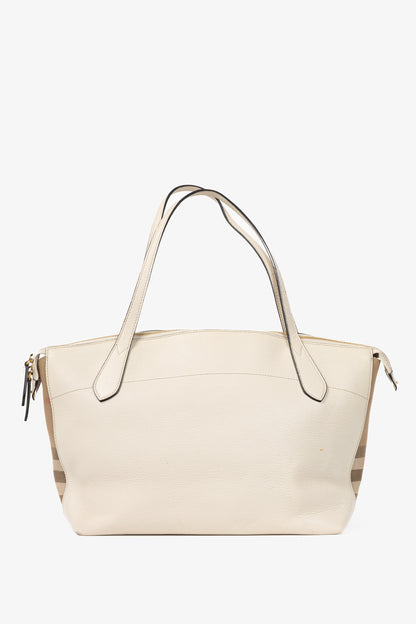 Burberry Welburn Cream Leather Check-Trim Tote
