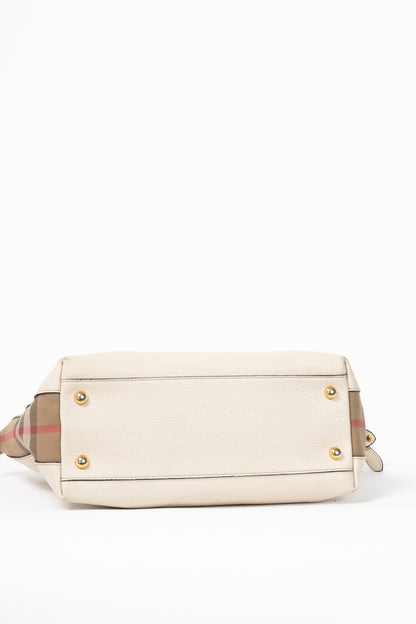 Burberry Welburn Cream Leather Check-Trim Tote