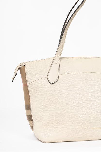 Burberry Welburn Cream Leather Check-Trim Tote