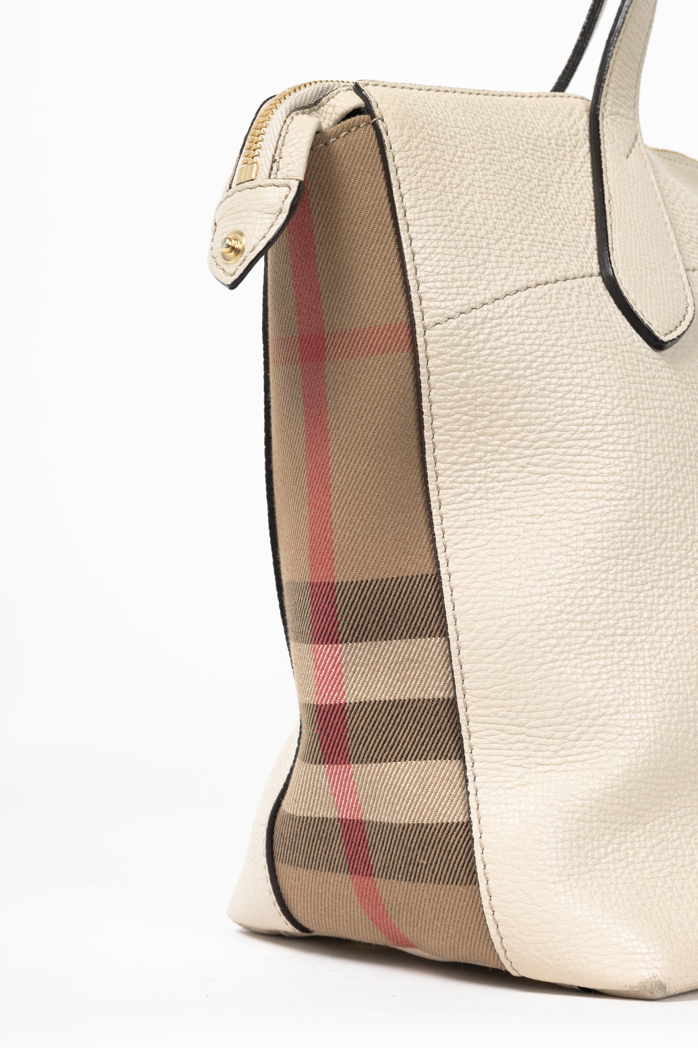 Burberry Welburn Cream Leather Check-Trim Tote