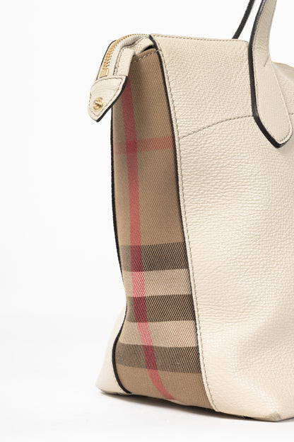 Burberry Welburn Cream Leather Check-Trim Tote