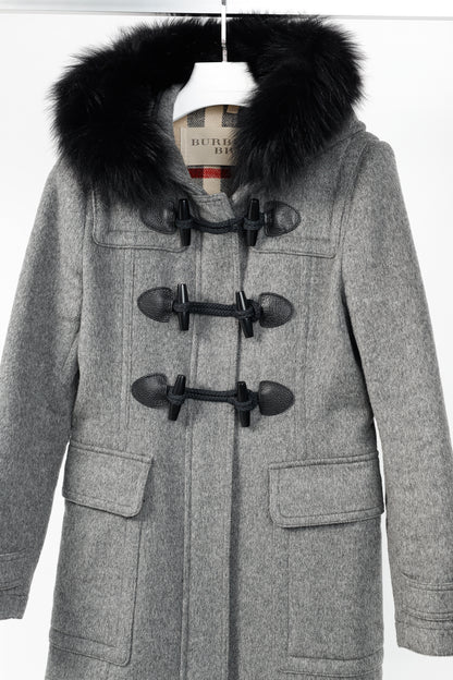 Burberry Brit Blackwell Grey Wool Fur-Trim Duffle Coat