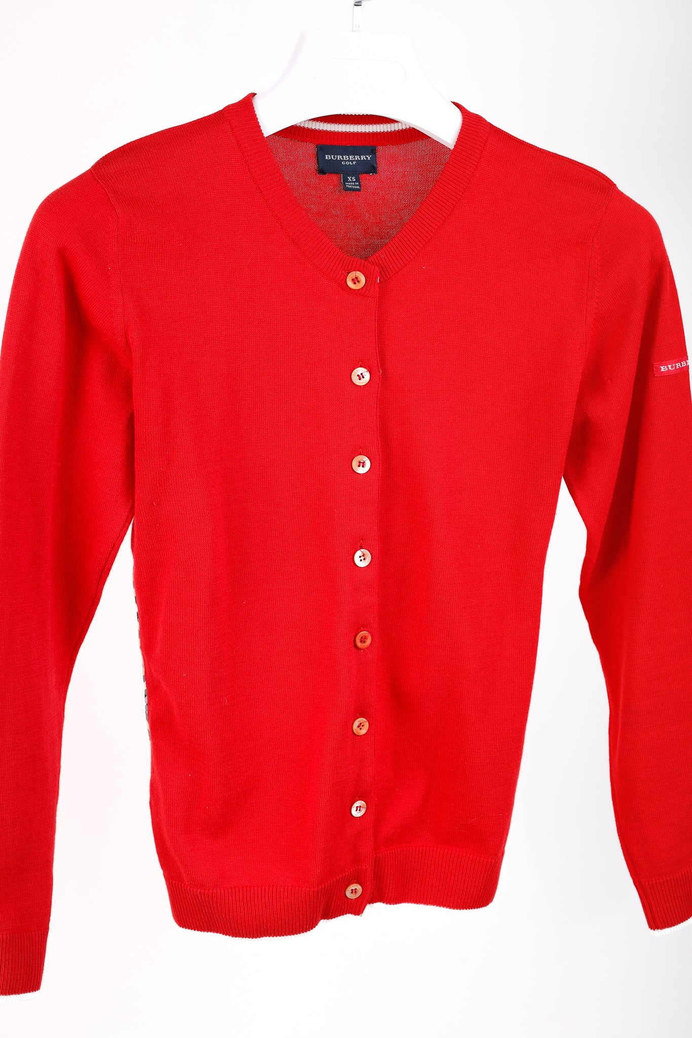 Burberry Golf Check Trim Red Cotton Cardigan