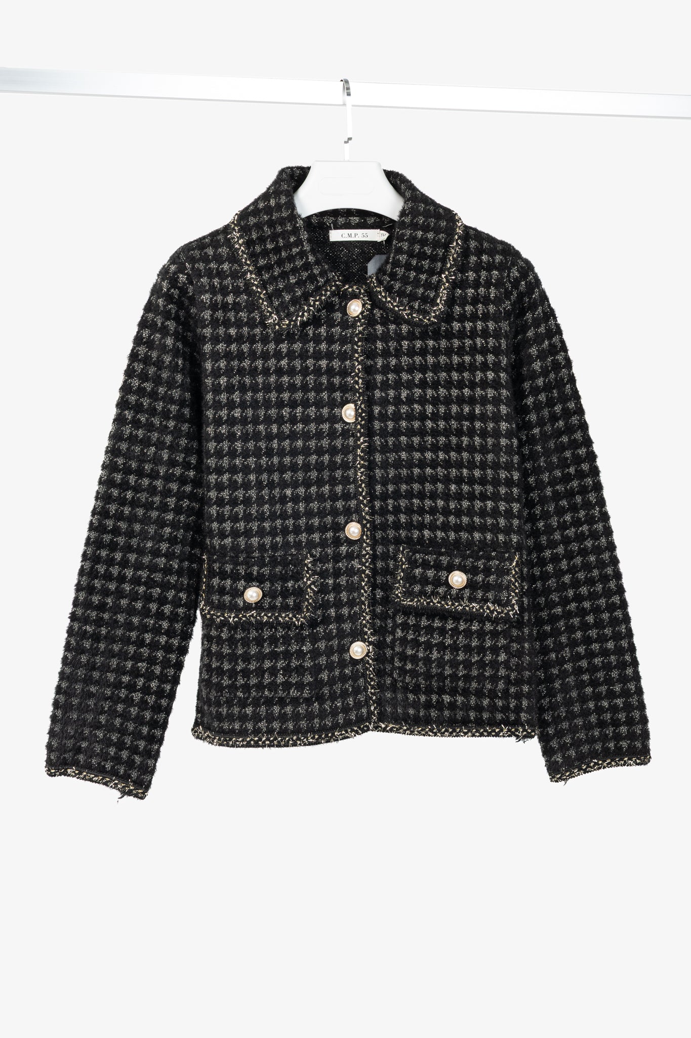 C.M.P.55 Black Fuzzy Lurex-Houndstooth Knit Jacket