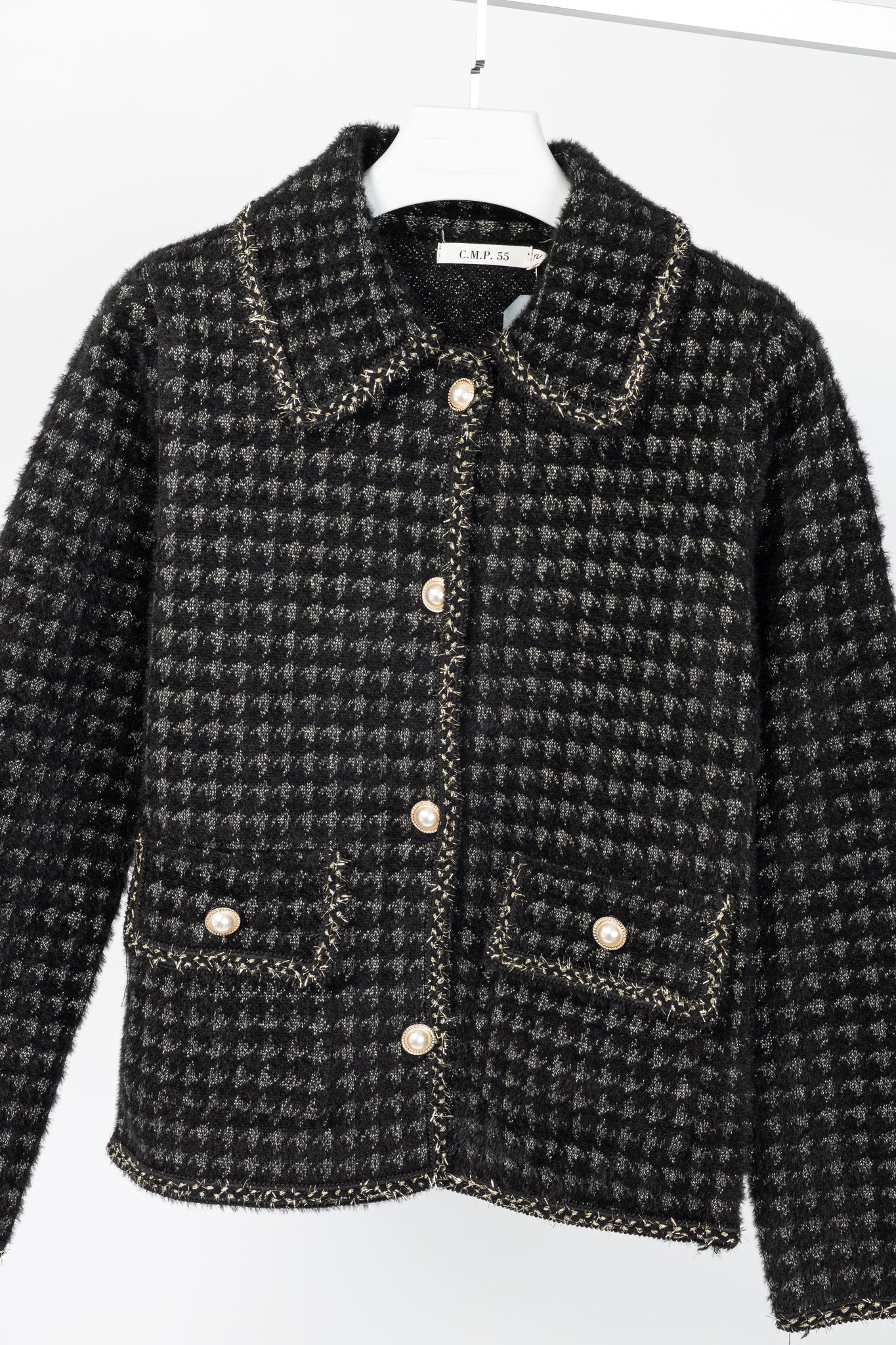 C.M.P.55 Black Fuzzy Lurex-Houndstooth Knit Jacket