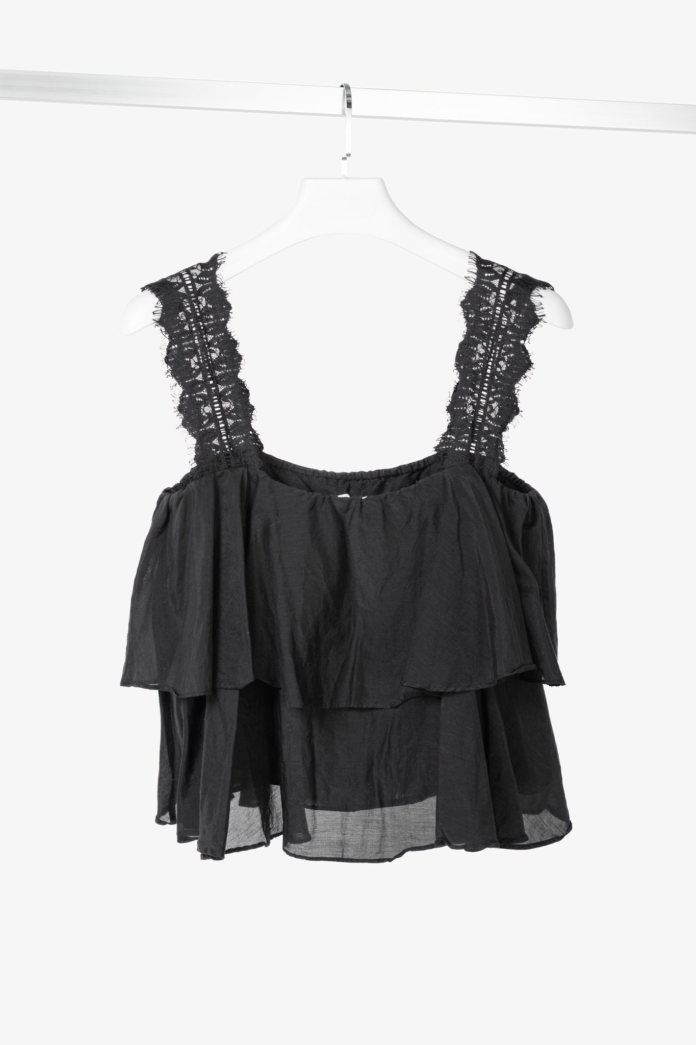 CAMI NYC Vanessa Black Cotton & Silk Lace-Trim Tiered Tank