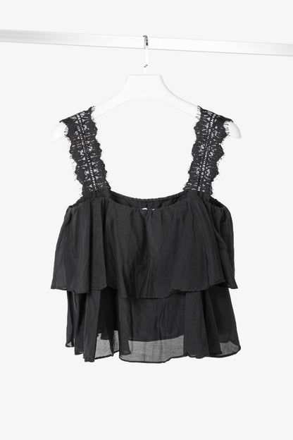 CAMI NYC Vanessa Black Cotton & Silk Lace-Trim Tiered Tank