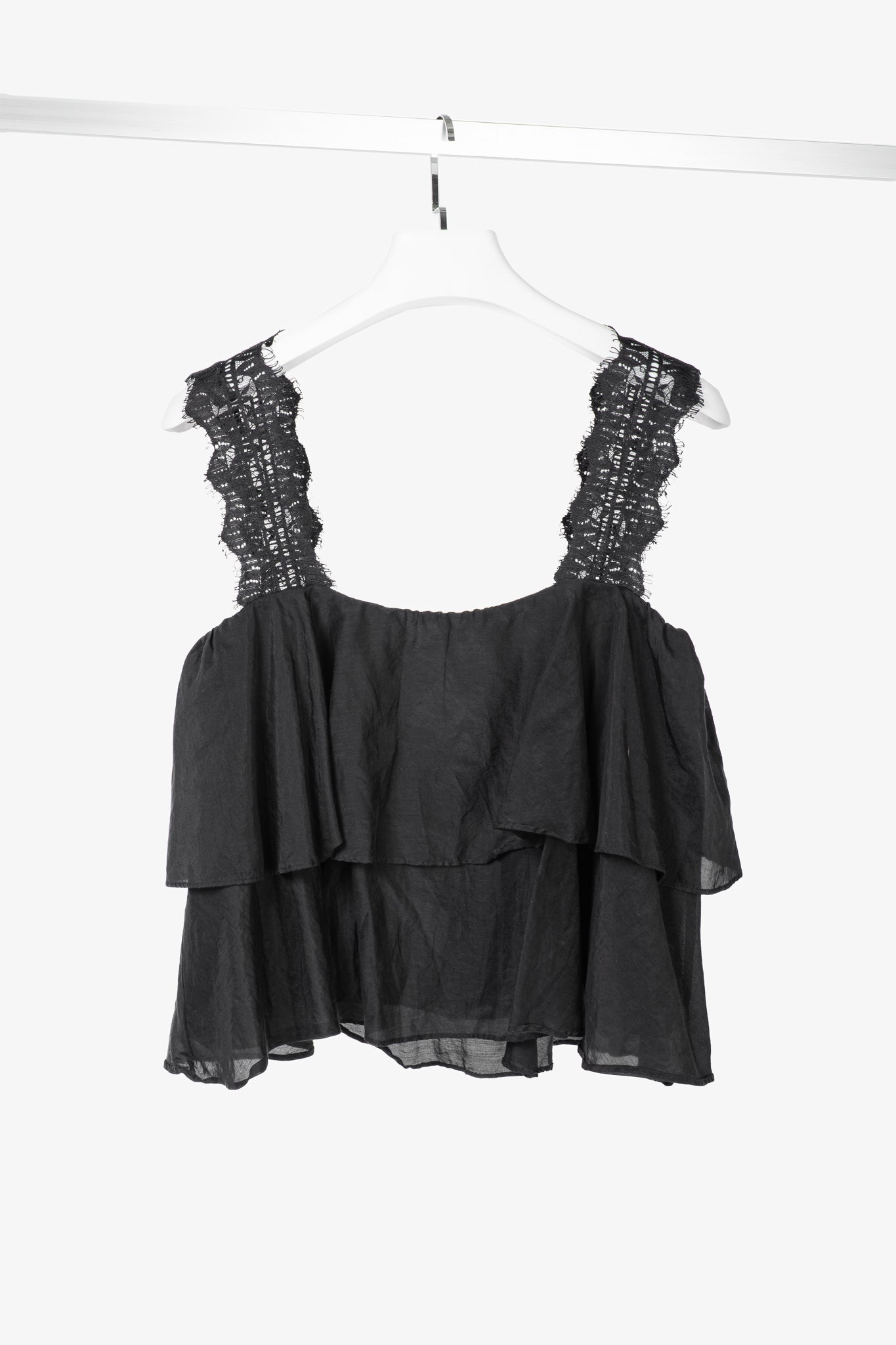 CAMI NYC Vanessa Black Cotton & Silk Lace-Trim Tiered Tank