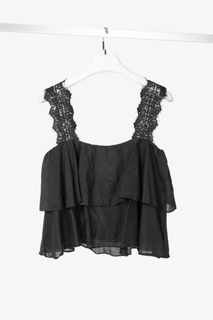 CAMI NYC Vanessa Black Cotton & Silk Lace-Trim Tiered Tank