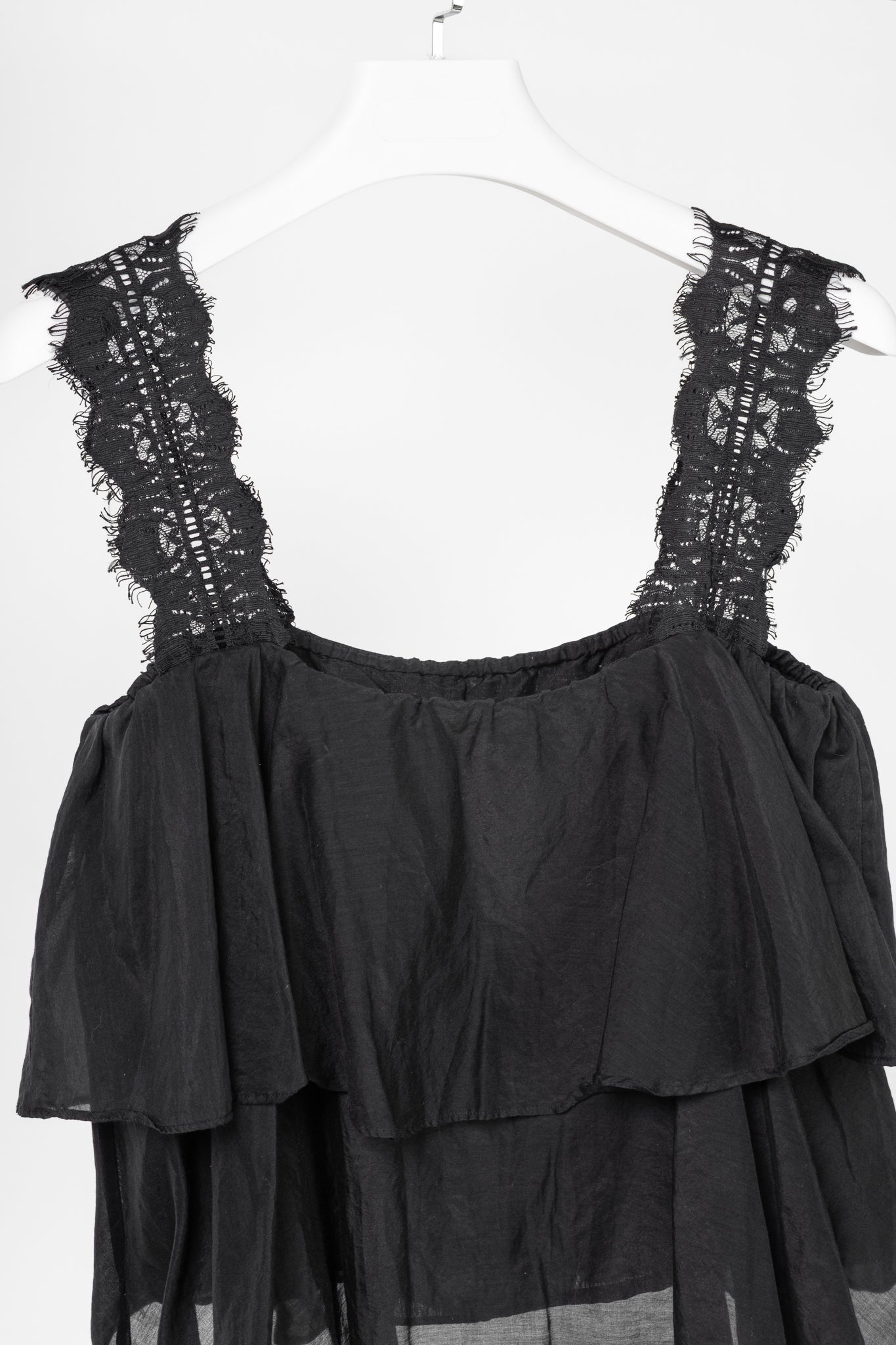CAMI NYC Vanessa Black Cotton & Silk Lace-Trim Tiered Tank