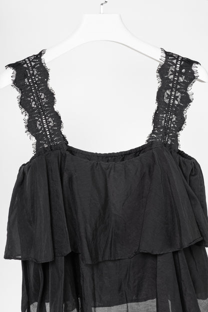 CAMI NYC Vanessa Black Cotton & Silk Lace-Trim Tiered Tank