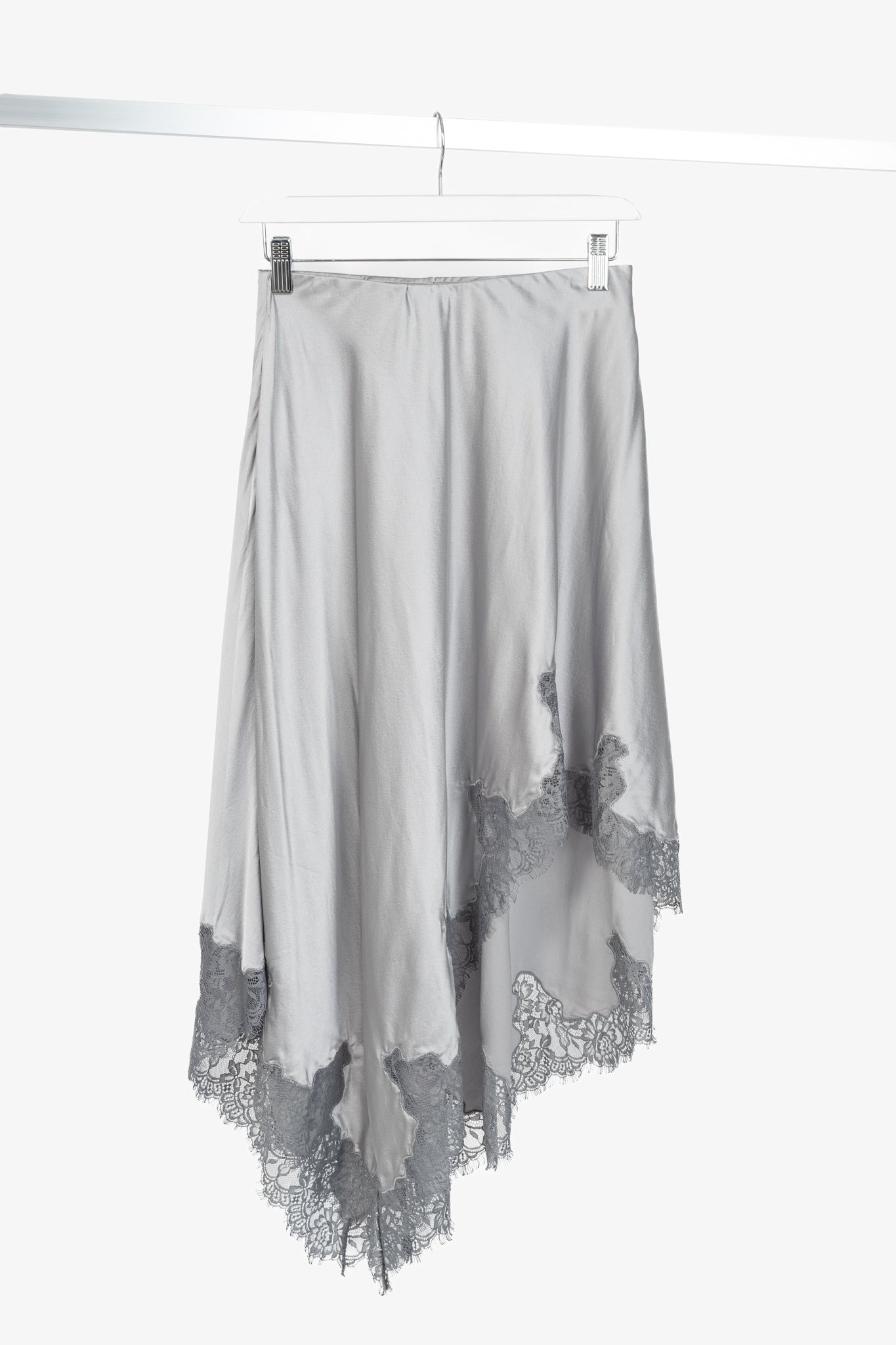CAMI NYC Analu Mineral Silk Satin Asymmetrical Lace-Hem Midi Skirt