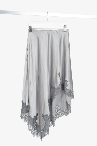 CAMI NYC Analu Mineral Silk Satin Asymmetrical Lace-Hem Midi Skirt
