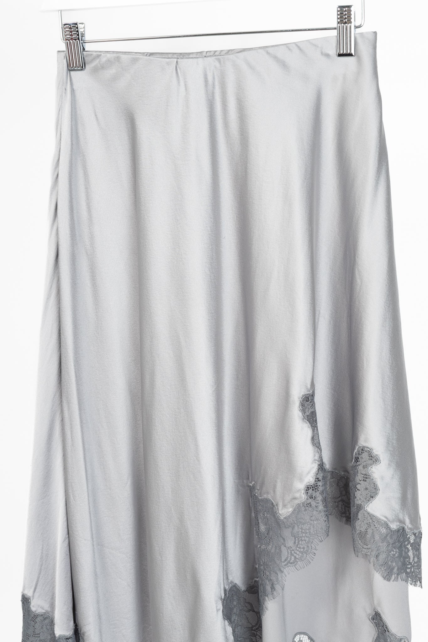 CAMI NYC Analu Mineral Silk Satin Asymmetrical Lace-Hem Midi Skirt