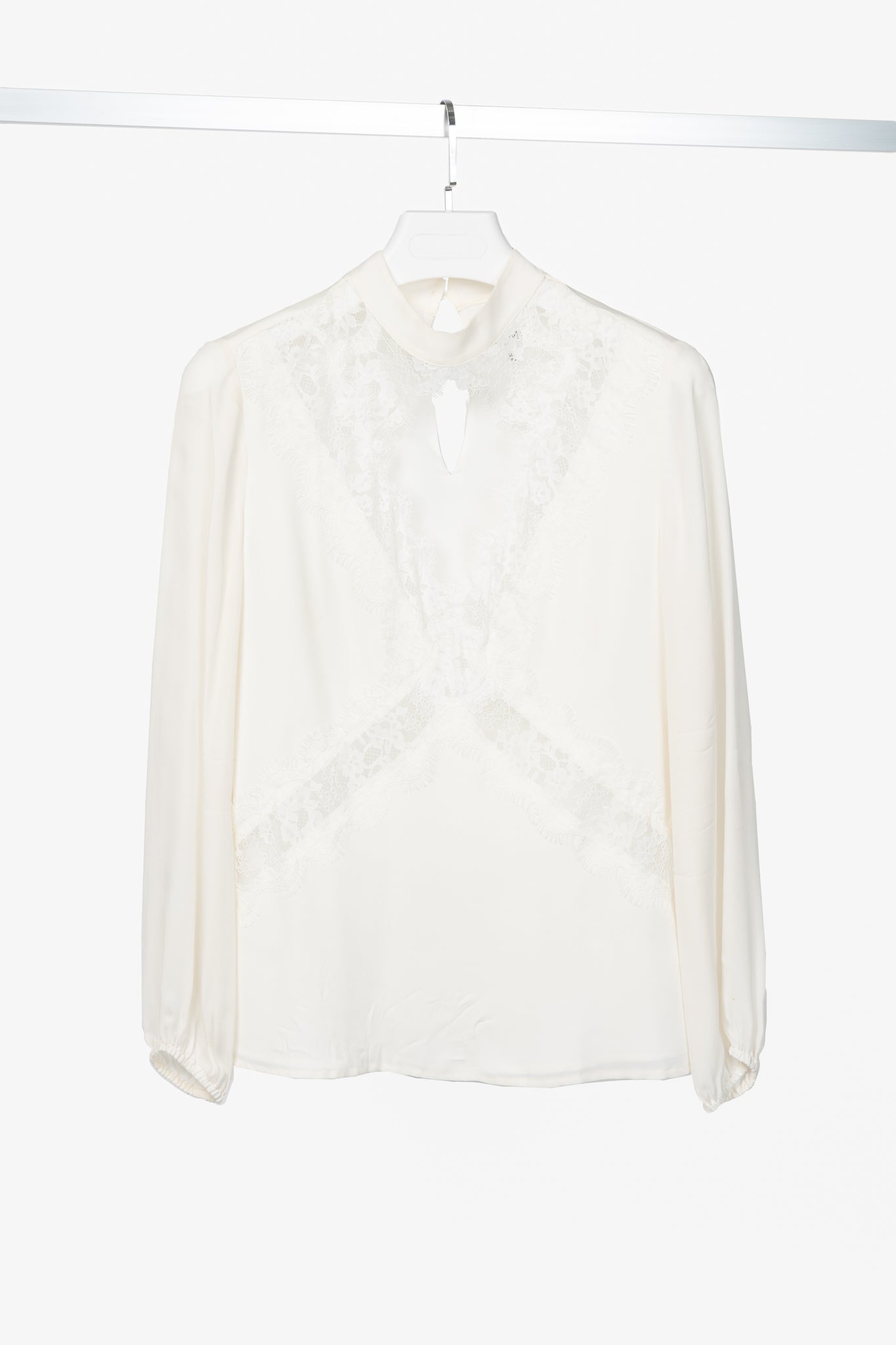 CAMI NYC Skylar White Silk-Crepe Lace-Trim Cutout Blouse
