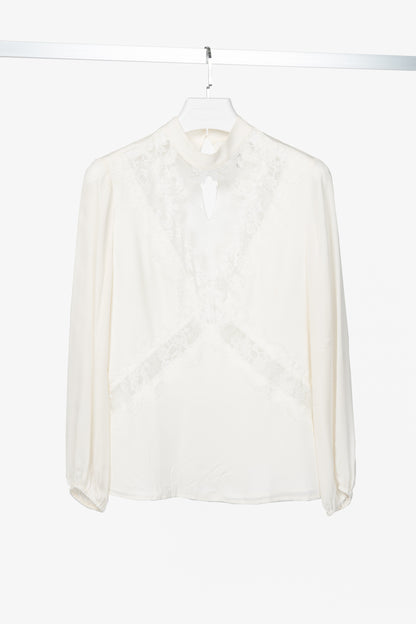 CAMI NYC Skylar White Silk-Crepe Lace-Trim Cutout Blouse