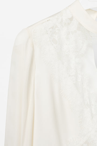 CAMI NYC Skylar White Silk-Crepe Lace-Trim Cutout Blouse