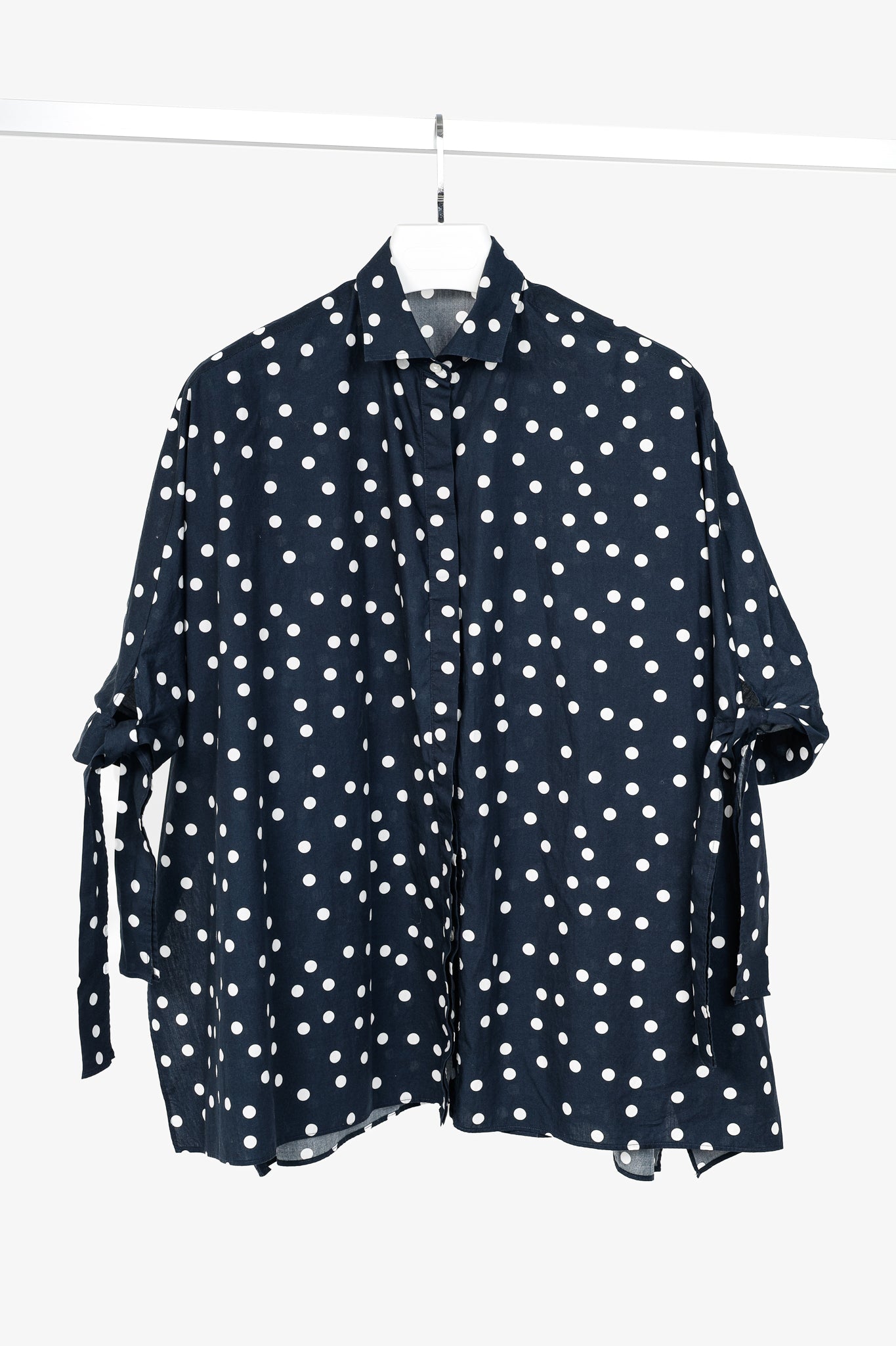 CH Carolina Herrera SS/17 Navy & White Polka-Dot Oversized Tie-Cuff Shirt