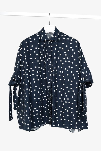 CH Carolina Herrera SS/17 Navy & White Polka-Dot Oversized Tie-Cuff Shirt