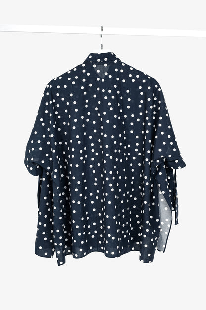 CH Carolina Herrera SS/17 Navy & White Polka-Dot Oversized Tie-Cuff Shirt