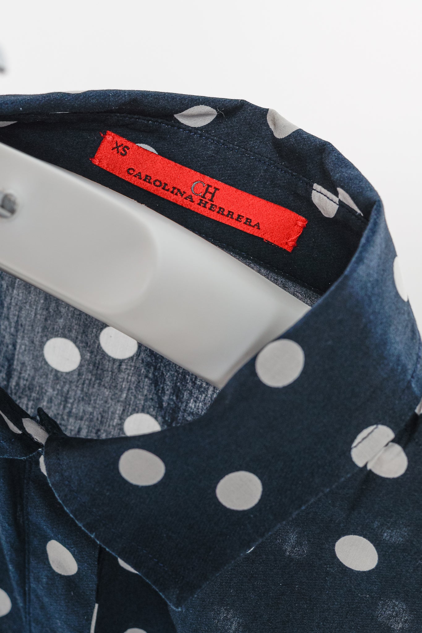 CH Carolina Herrera SS/17 Navy & White Polka-Dot Oversized Tie-Cuff Shirt