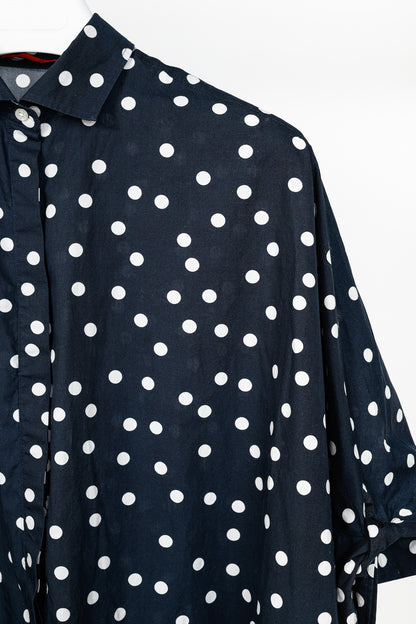 CH Carolina Herrera SS/17 Navy & White Polka-Dot Oversized Tie-Cuff Shirt