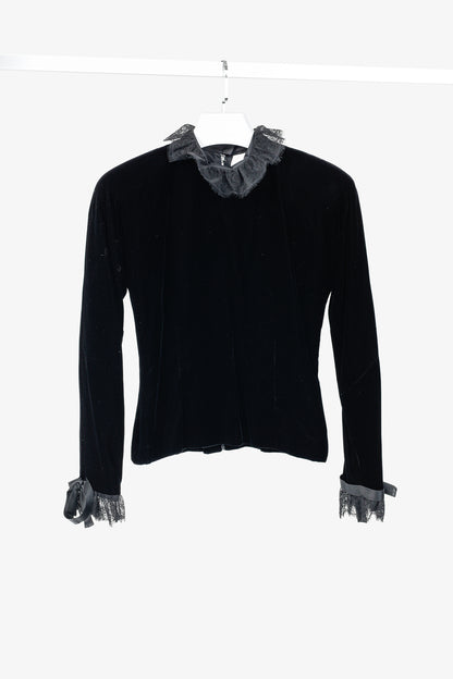 Carolyne Roehm Vintage Black Velvet Lace-Trim Top
