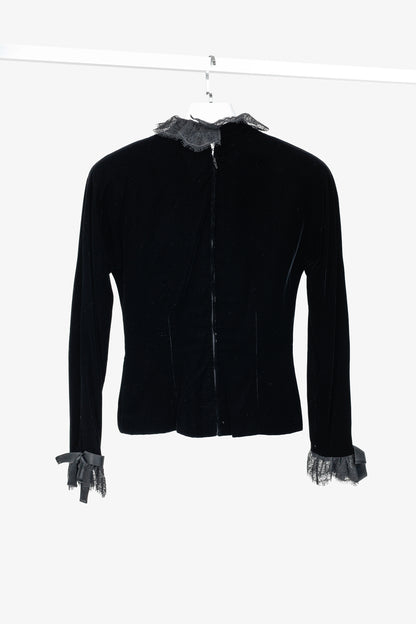 Carolyne Roehm Vintage Black Velvet Lace-Trim Top