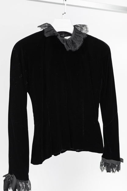 Carolyne Roehm Vintage Black Velvet Lace-Trim Top