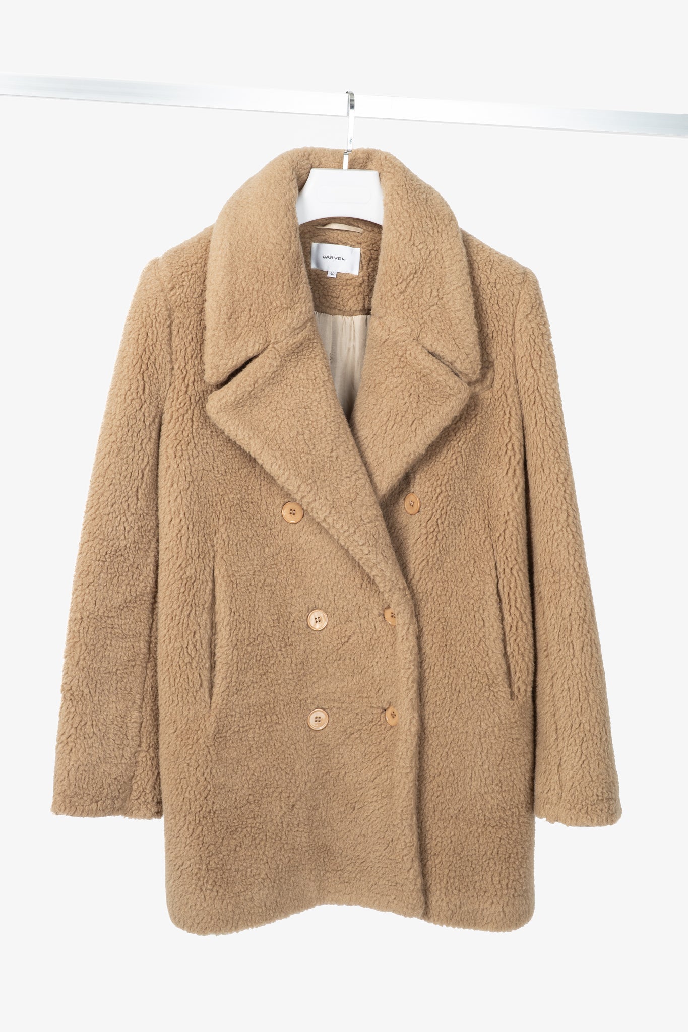 Carven PF15 Camel Alpaca Shearling Double-Breasted Coat
