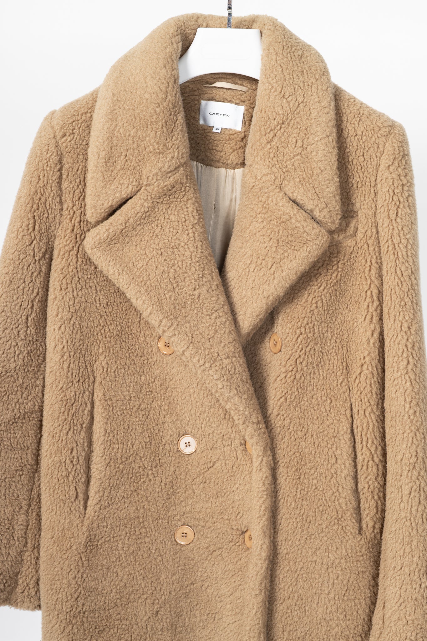 Carven PF15 Camel Alpaca Shearling Double-Breasted Coat