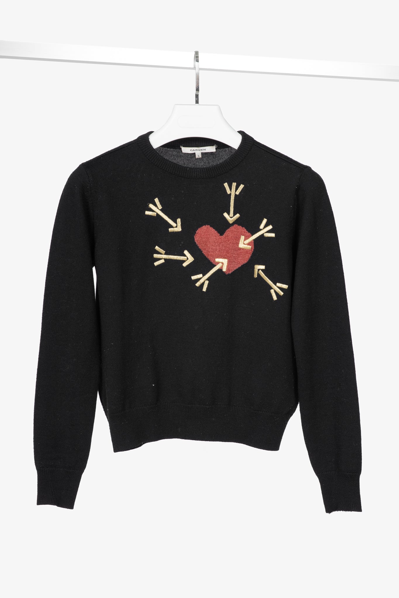 Carven AW14 Black Wool Embroidered Arrow Heart Sweater