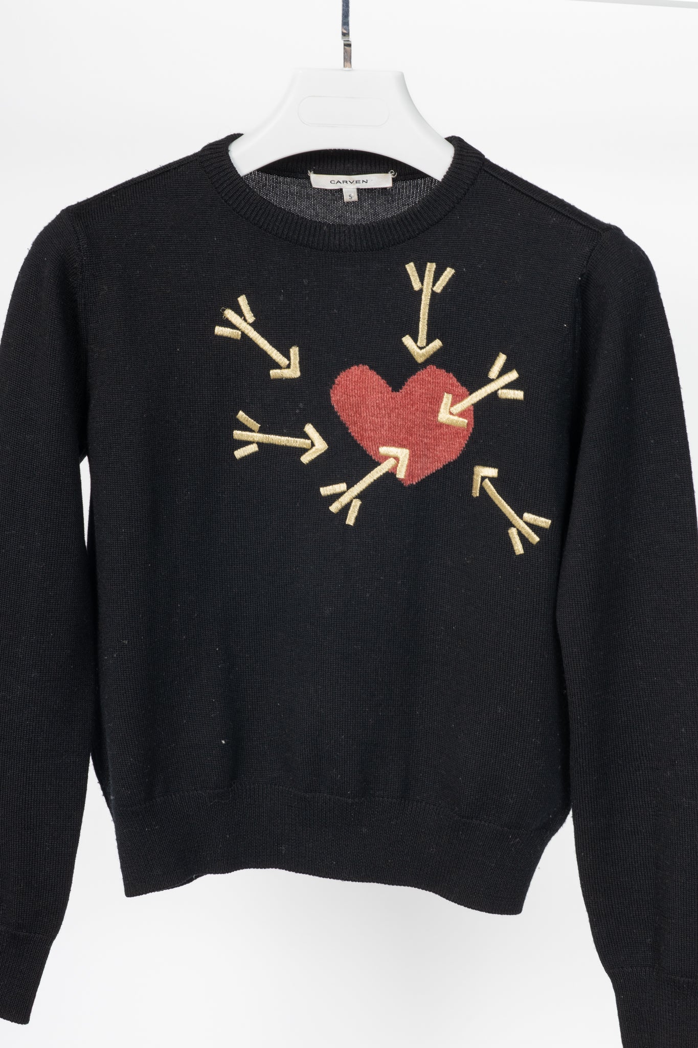 Carven AW14 Black Wool Embroidered Arrow Heart Sweater