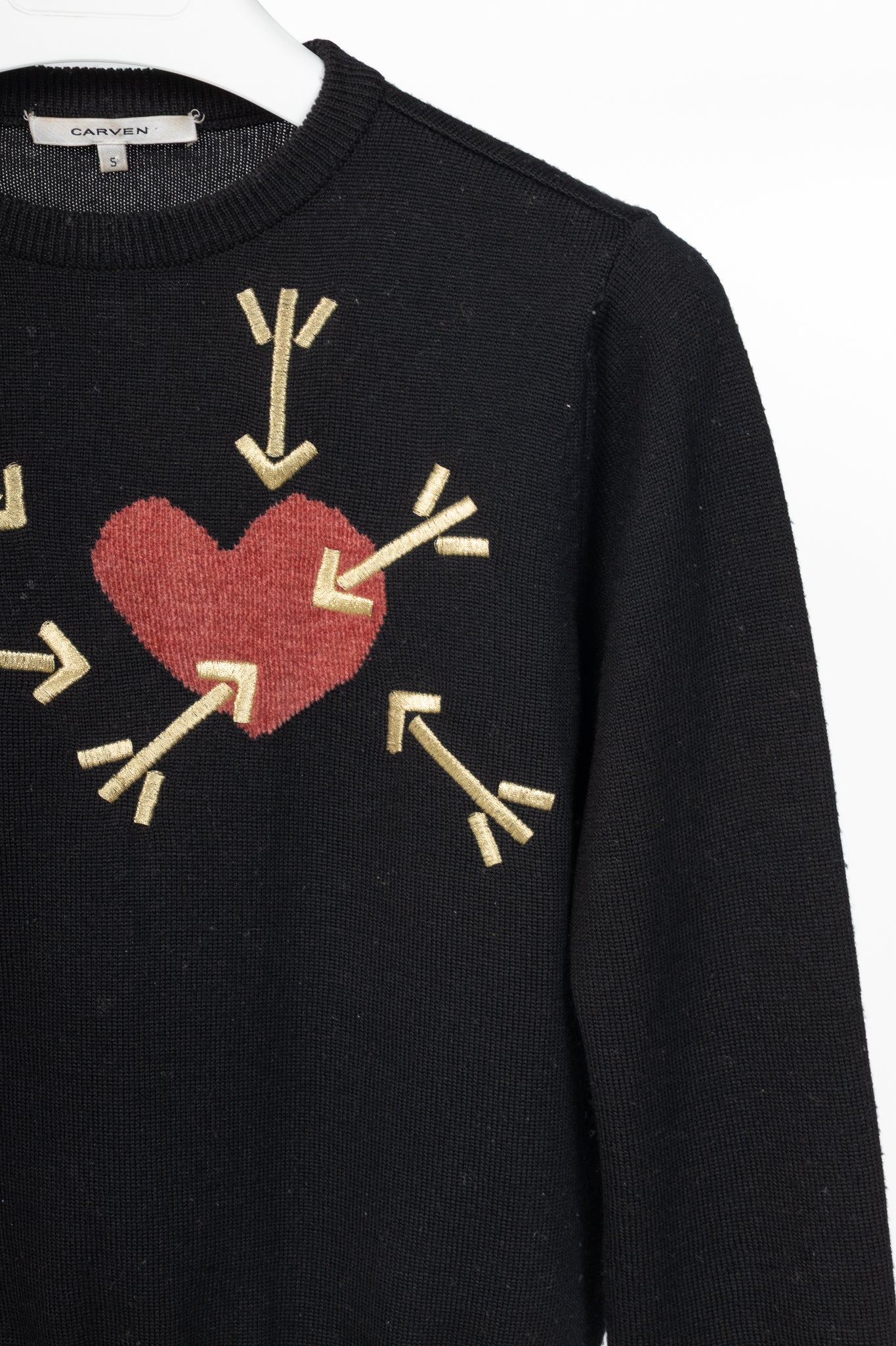 Carven AW14 Black Wool Embroidered Arrow Heart Sweater