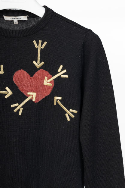 Carven AW14 Black Wool Embroidered Arrow Heart Sweater
