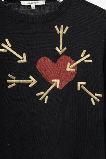 Carven AW14 Black Wool Embroidered Arrow Heart Sweater