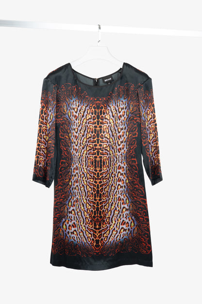 Just Cavalli Black-Multi Leopard Silk-Satin Mini Dress
