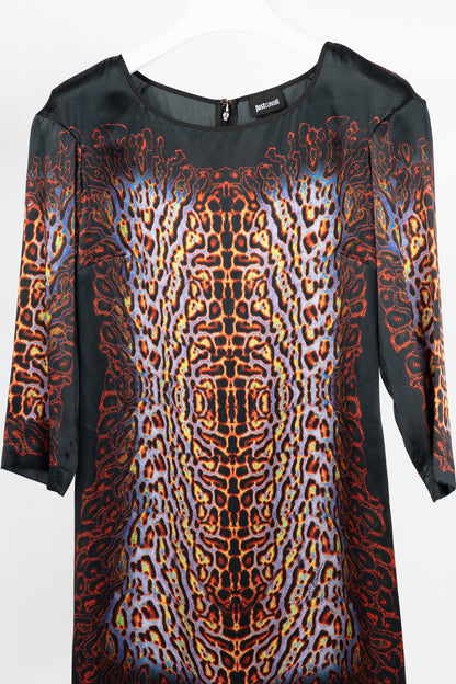 Just Cavalli Black-Multi Leopard Silk-Satin Mini Dress