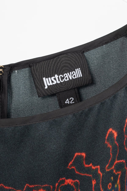 Just Cavalli Black-Multi Leopard Silk-Satin Mini Dress