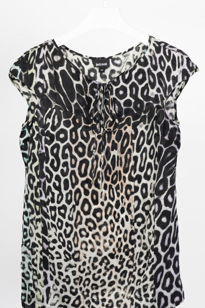 Just Cavalli Light-Grey-Multi Leopard Silk-Satin Tunic