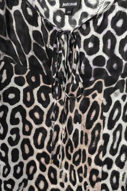 Just Cavalli Light-Grey-Multi Leopard Silk-Satin Tunic