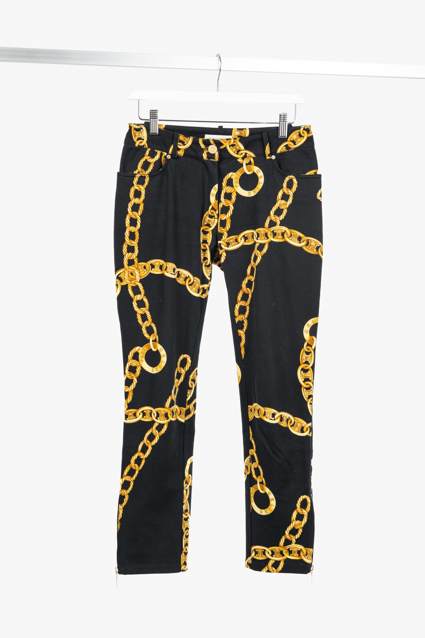 Celine SS/04 Black Chain-Motif Cotton Twill Skinny Pants