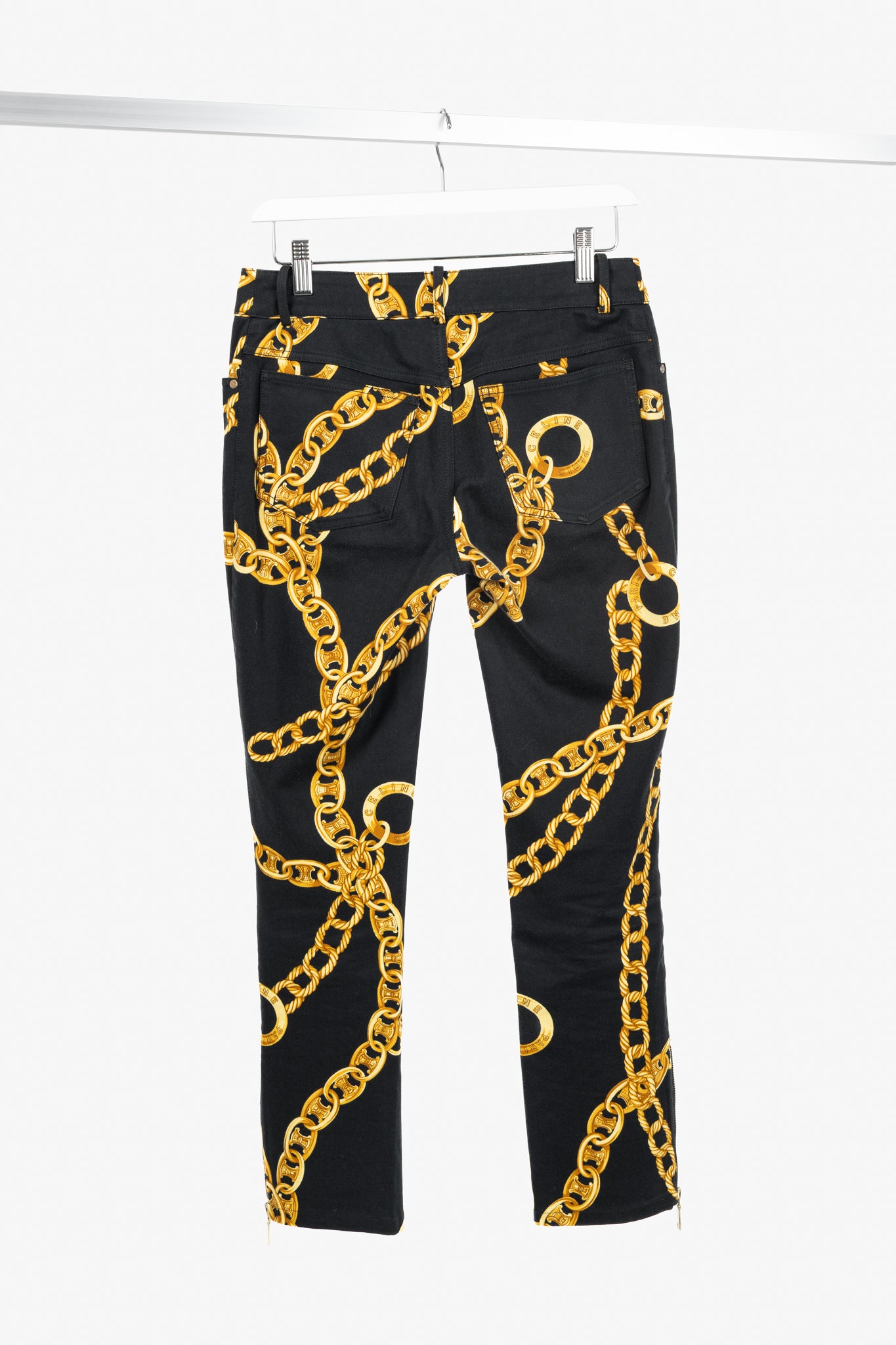 Celine SS/04 Black Chain-Motif Cotton Twill Skinny Pants