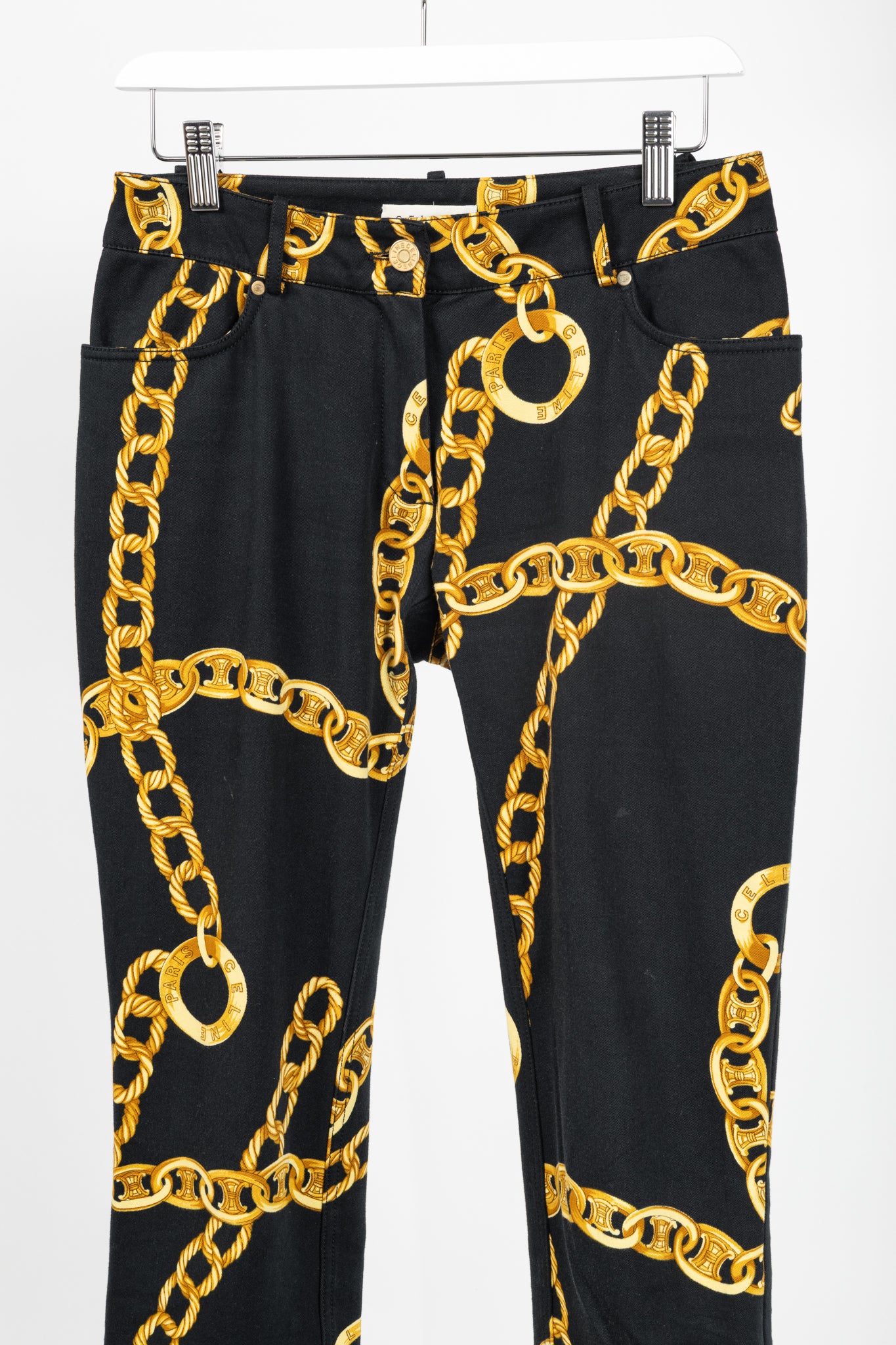 Celine SS/04 Black Chain-Motif Cotton Twill Skinny Pants