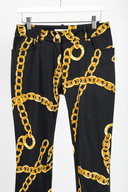 Celine SS/04 Black Chain-Motif Cotton Twill Skinny Pants