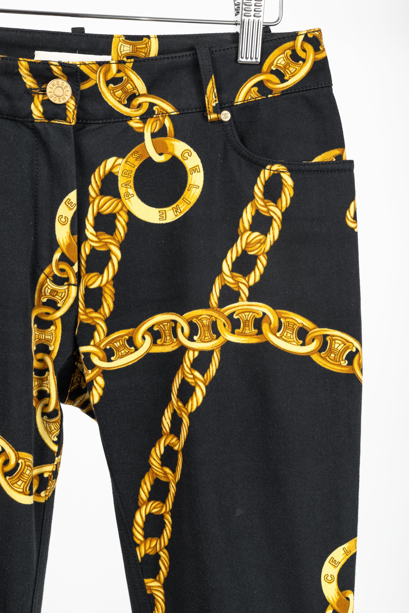 Celine SS/04 Black Chain-Motif Cotton Twill Skinny Pants