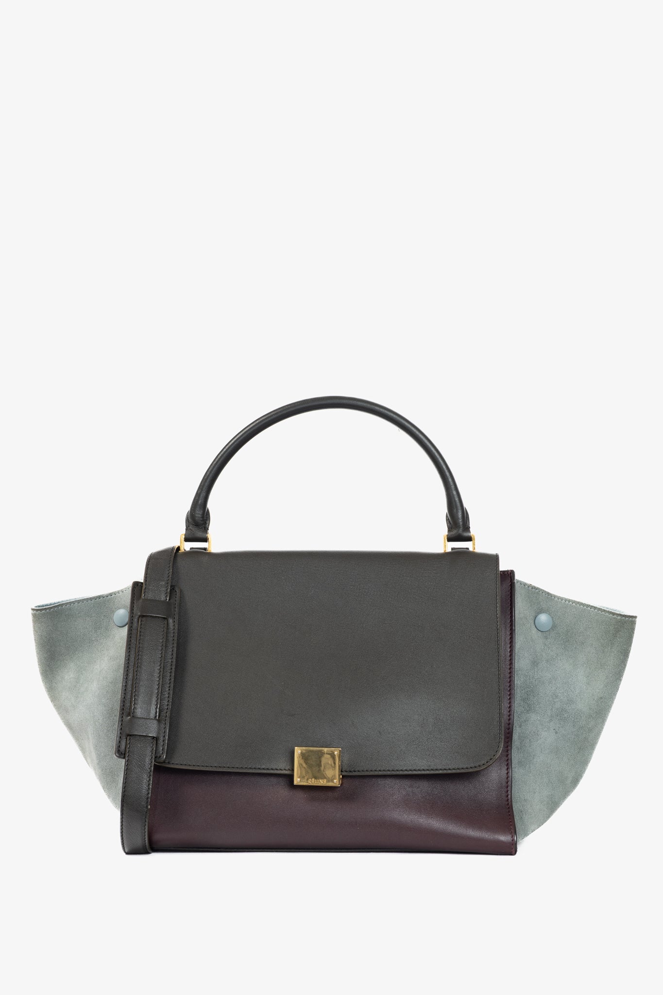 Celine Trapeze Medium Brown, Burgundy & Grey Leather & Suede Tote