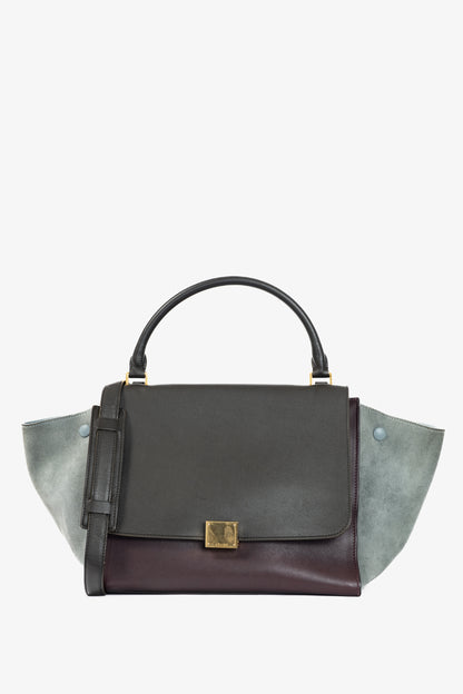 Celine Trapeze Medium Brown, Burgundy & Grey Leather & Suede Tote