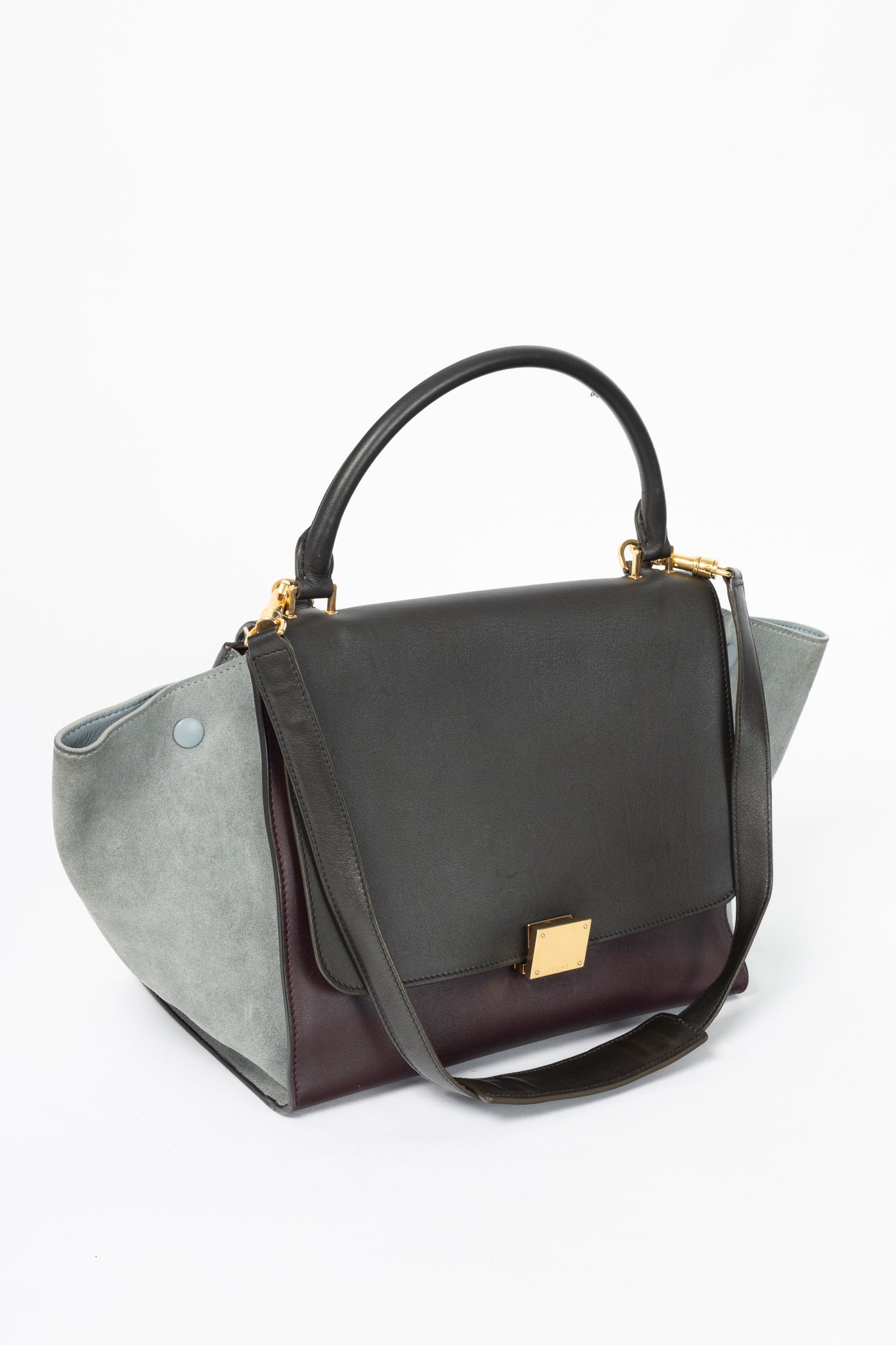 Celine Trapeze Medium Brown, Burgundy & Grey Leather & Suede Tote